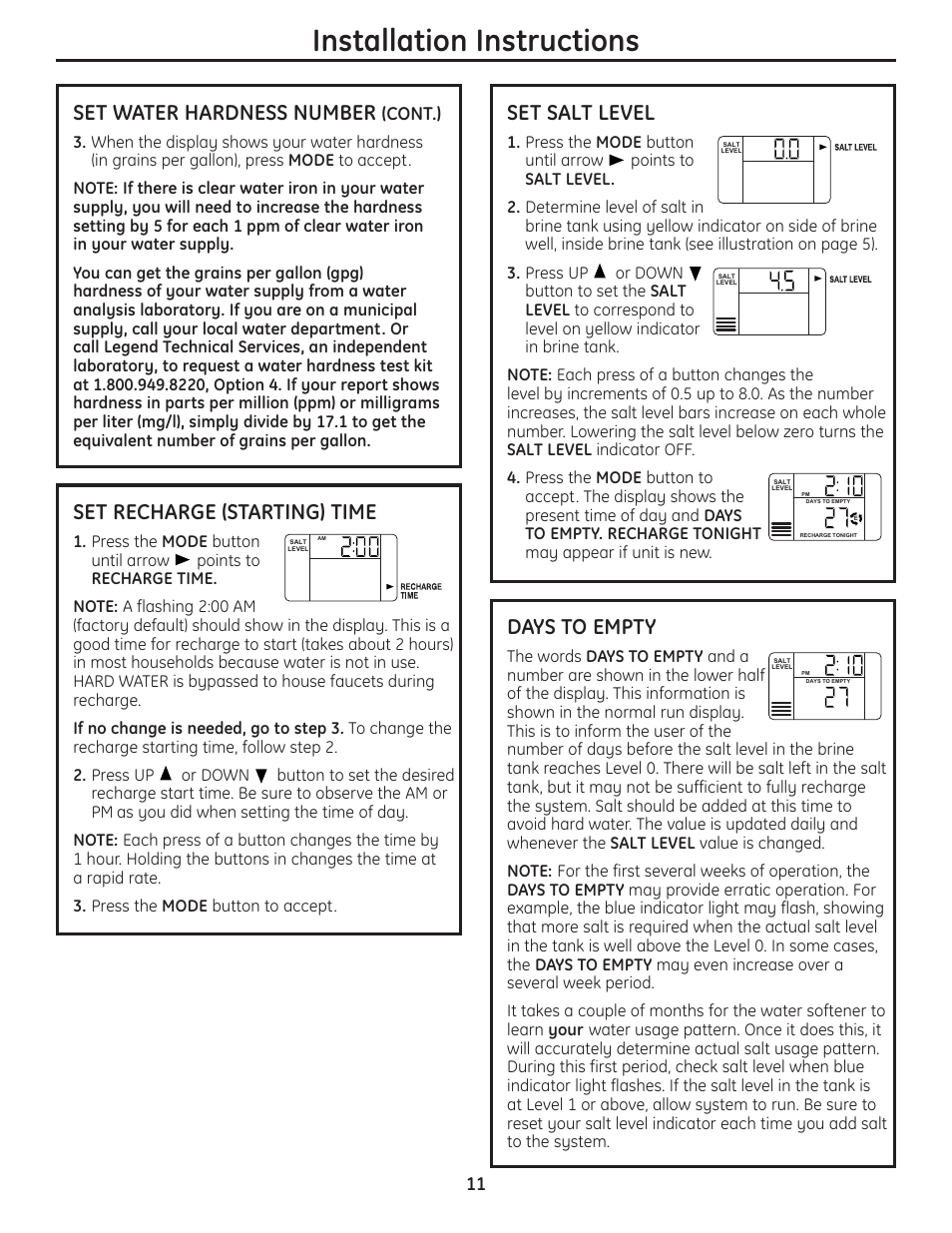 Installation instructions, Set water hardness number, Set recharge (starting) time | Set salt level, Days to empty, Cont.) | GE GXSF40H User Manual | Page 11 / 64