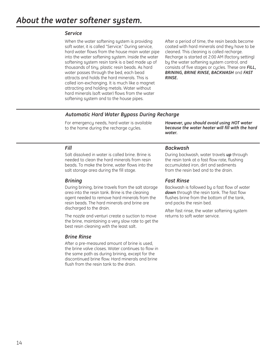 Service, Service , 17–19, About the water softener system | GE GXSF40H User Manual | Page 14 / 64