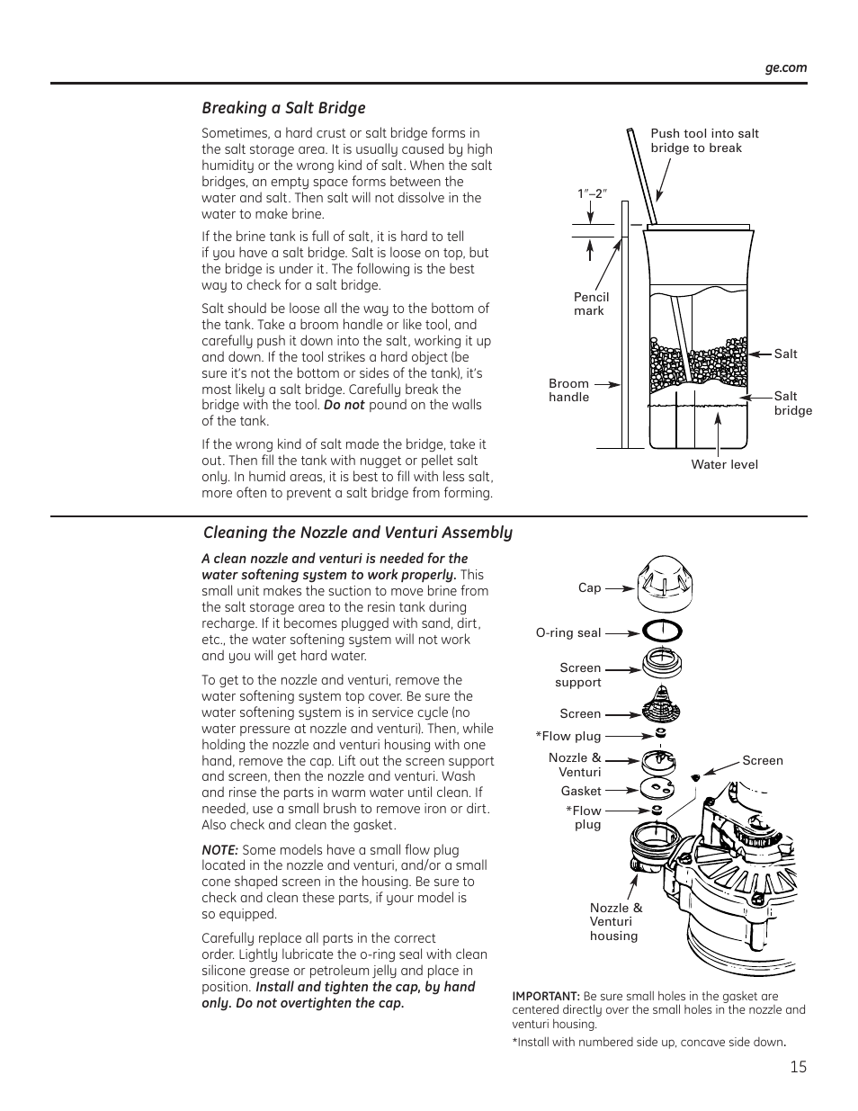 Breaking a salt bridge, Cleaning the nozzle andventuri assembly | GE GXSF40H User Manual | Page 15 / 64