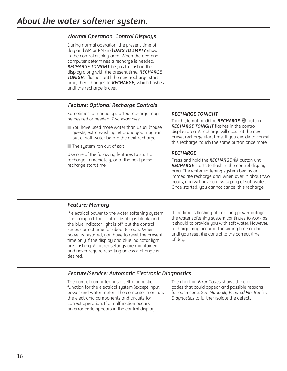 Features, About the water softener system | GE GXSF40H User Manual | Page 16 / 64