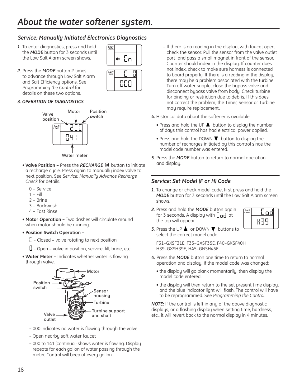 About the water softener system, Service: set model (f or h) code | GE GXSF40H User Manual | Page 18 / 64