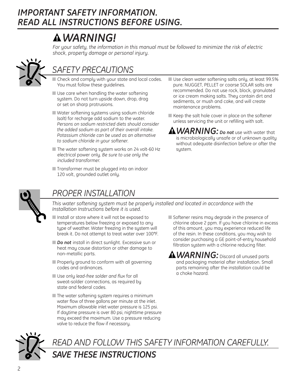 Safety information, Warning | GE GXSF40H User Manual | Page 2 / 64