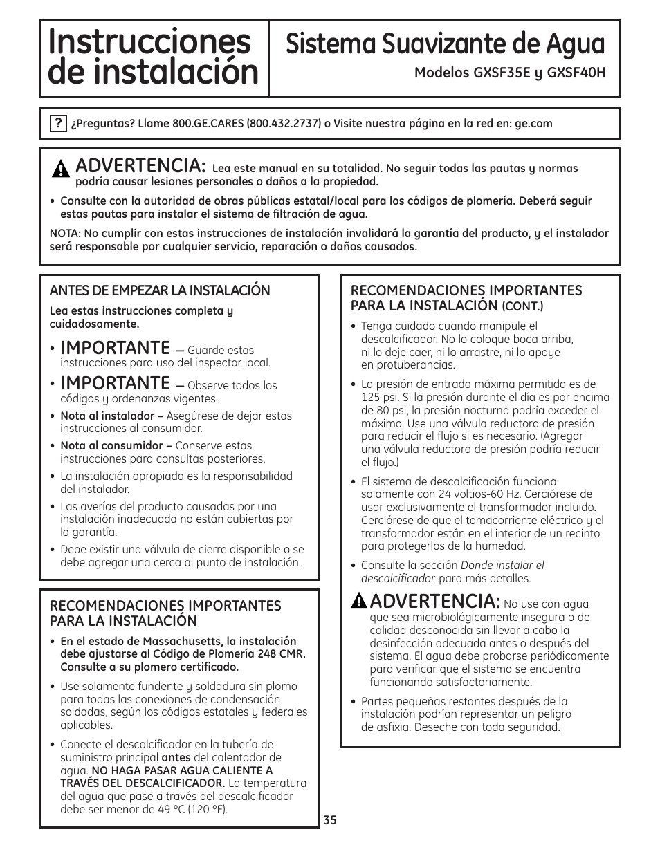 Instrucciones de instalación, Instrucciones, De instalación | Sistema suavizante de agua, Advertencia, Importante | GE GXSF40H User Manual | Page 35 / 64