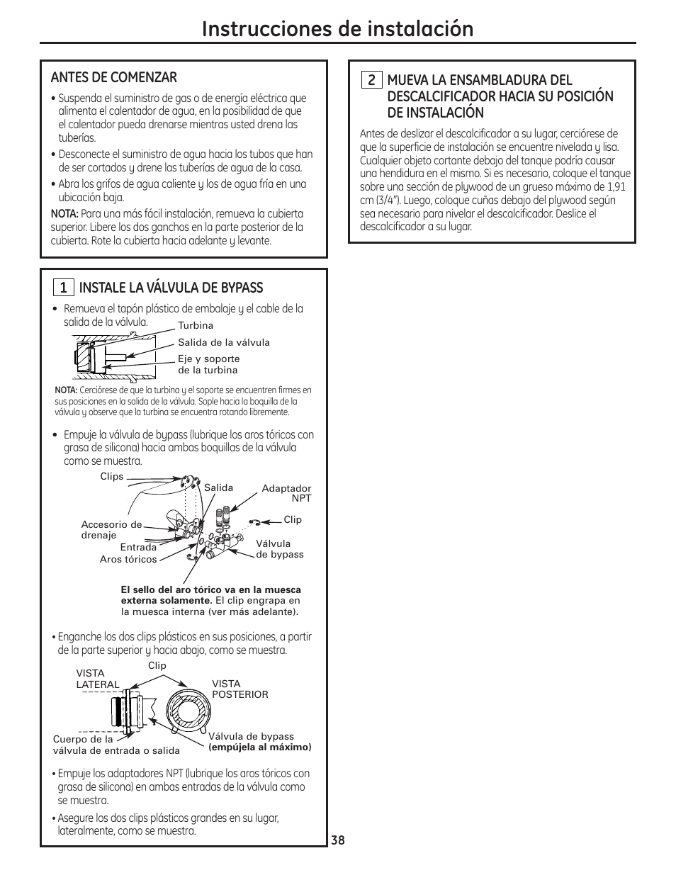 Instrucciones paso por paso, Instrucciones paso por paso –45, Instrucciones de instalación | Instale la válvula de bypass, Antes de comenzar | GE GXSF40H User Manual | Page 38 / 64