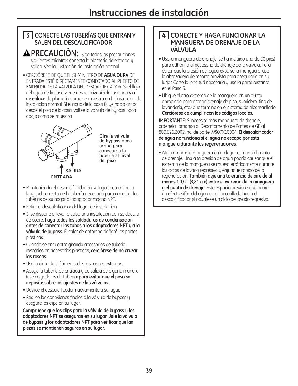 Instrucciones de instalación, Precaución | GE GXSF40H User Manual | Page 39 / 64