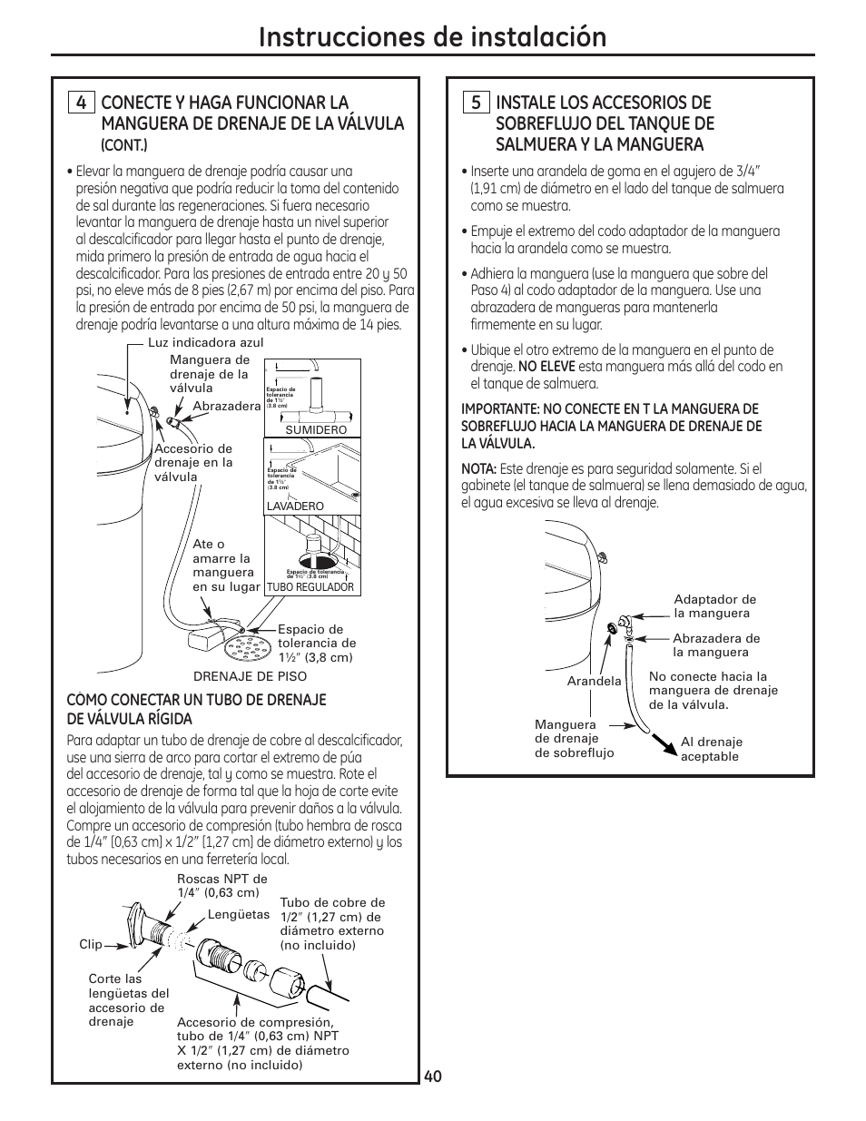 Instrucciones de instalación, Cont.), Cómo conectar un tubo de drenaje de válvula rígida | GE GXSF40H User Manual | Page 40 / 64