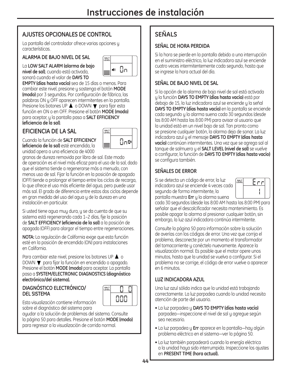 Instrucciones de instalación, Ajustes opcionales de control, Eficiencia de la sal | Señals | GE GXSF40H User Manual | Page 44 / 64