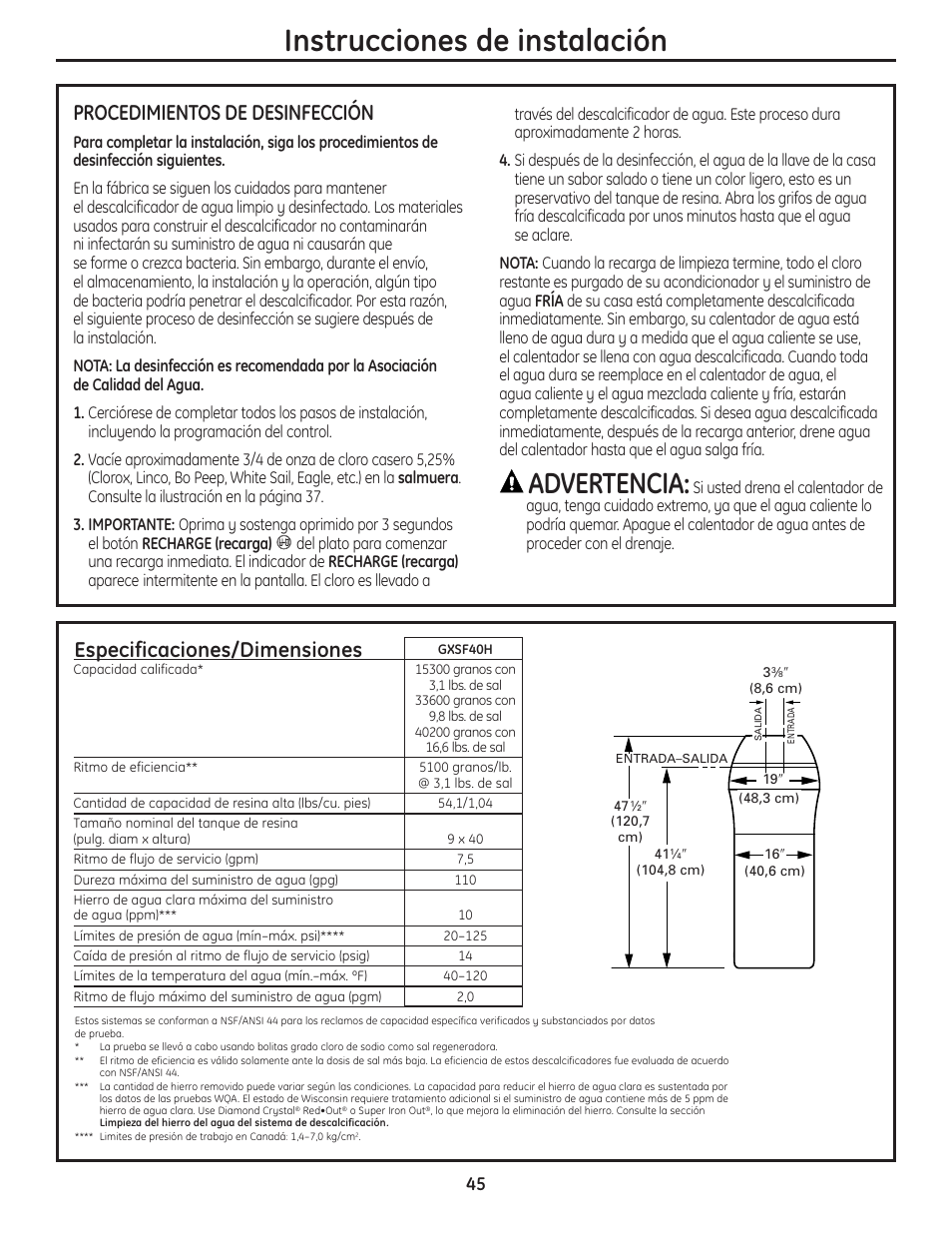 Instrucciones de instalación, Advertencia, Especificaciones/dimensiones | Procedimientos de desinfección | GE GXSF40H User Manual | Page 45 / 64