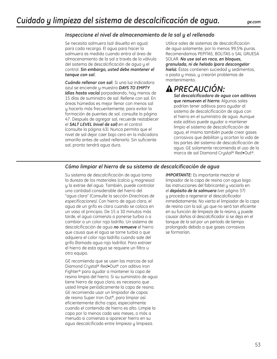 Cuidado y limpieza, Precaución | GE GXSF40H User Manual | Page 53 / 64