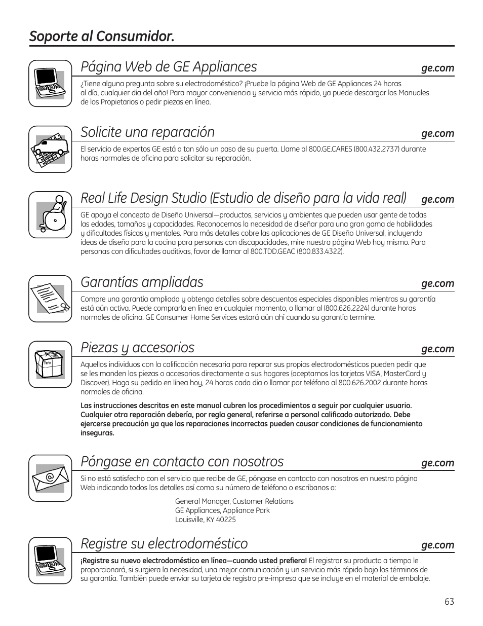 Soporte al consumidor, Soporte al consumidor. página web de ge appliances, Solicite una reparación | Garantías ampliadas, Piezas y accesorios, Póngase en contacto con nosotros, Registre su electrodoméstico | GE GXSF40H User Manual | Page 63 / 64