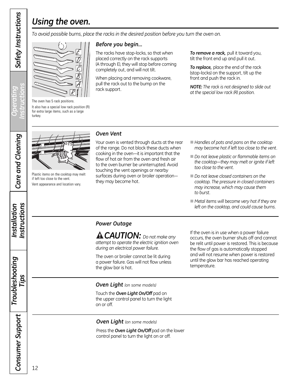 Power outage , 16, Using the oven, Caution | GE 49-85179 User Manual | Page 12 / 52