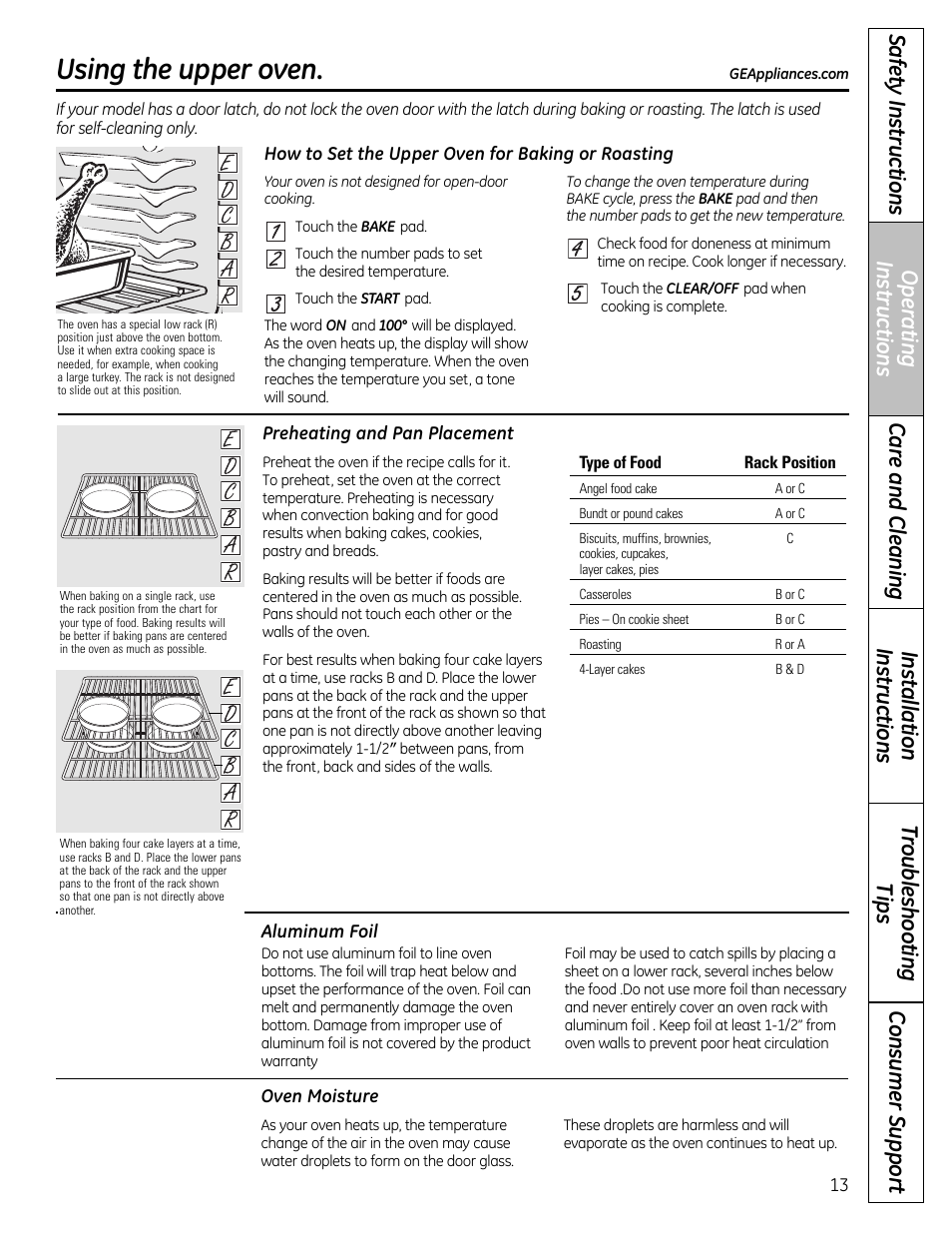 Aluminum foil, Baking and roasting, Preheating | Using the upper oven | GE 49-85179 User Manual | Page 13 / 52