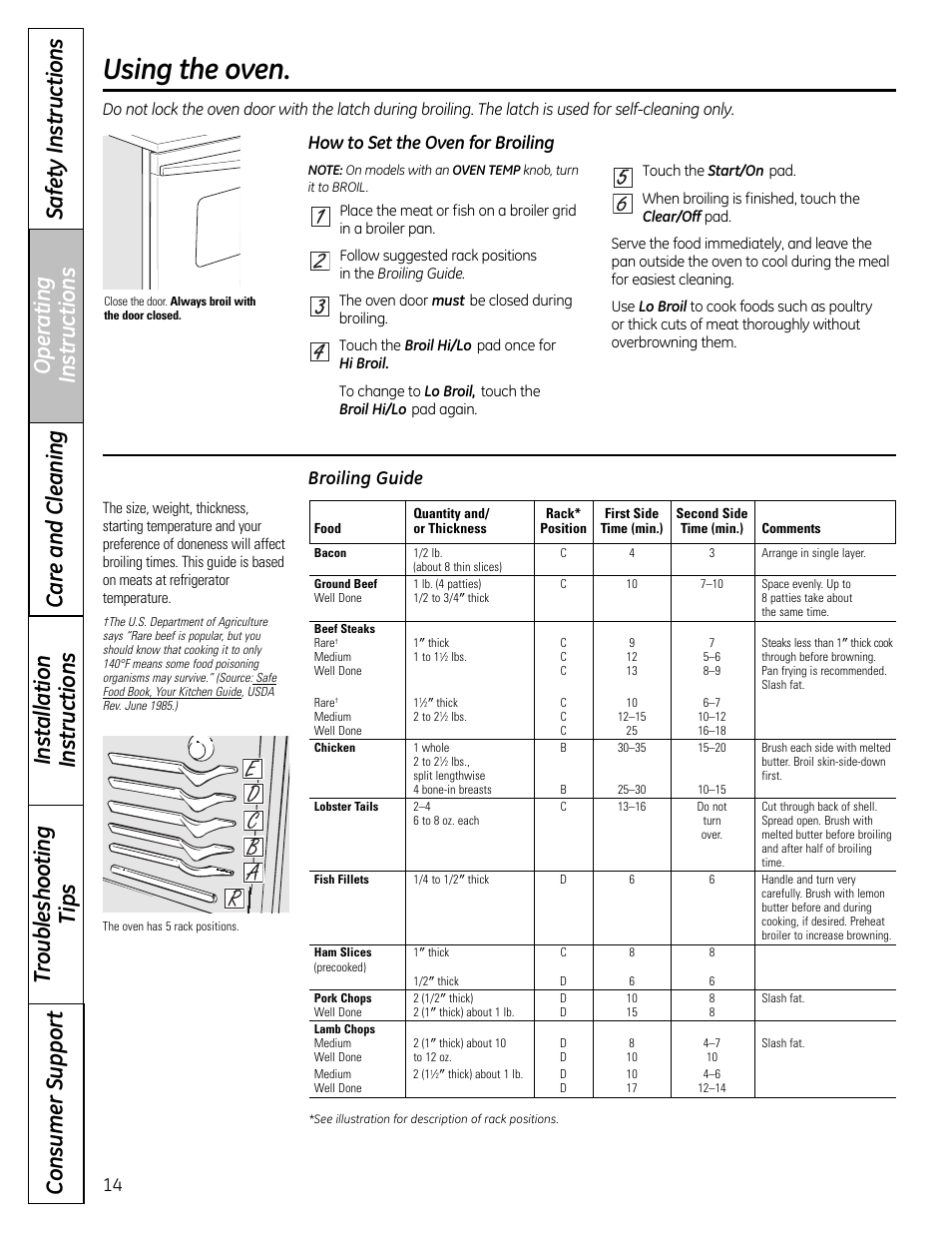 Broiling, broiling guide, Using the oven | GE 49-85179 User Manual | Page 14 / 52
