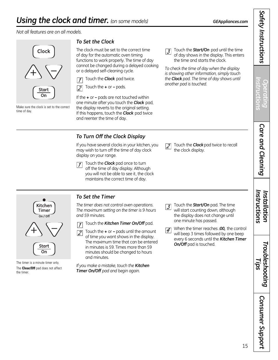 Clock and timer , 16, Using the clock and timer | GE 49-85179 User Manual | Page 15 / 52