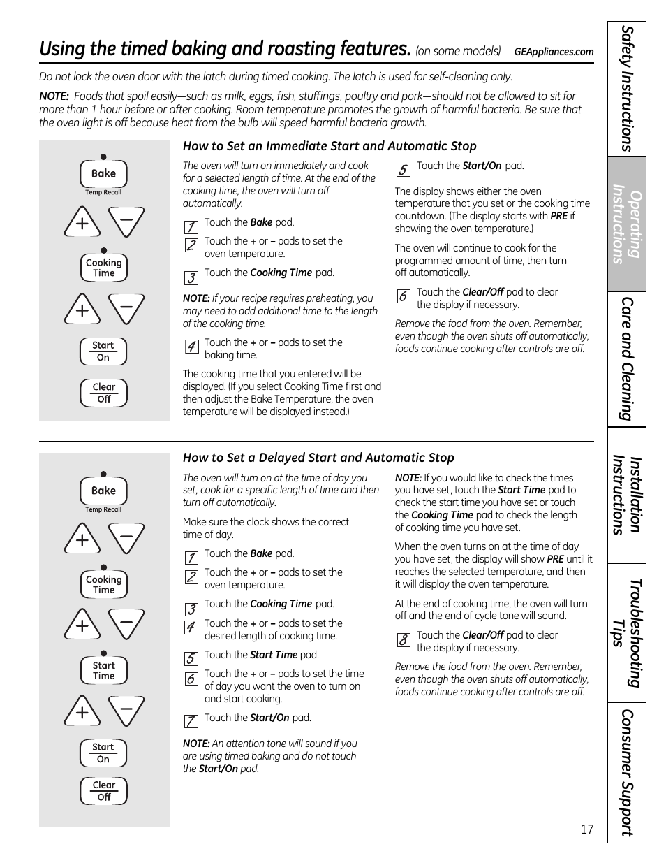 Timed baking and roasting, Using the timed baking and roasting features | GE 49-85179 User Manual | Page 17 / 52