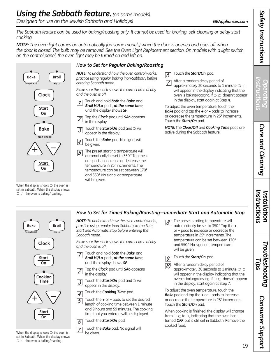 Sabbath feature , 20, Using the sabbath feature | GE 49-85179 User Manual | Page 19 / 52