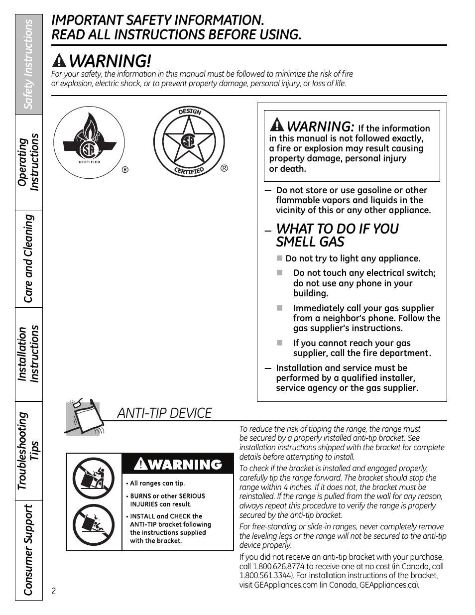 Safety instructions, What to do if you smell gas, Warning | Anti-tip device | GE 49-85179 User Manual | Page 2 / 52