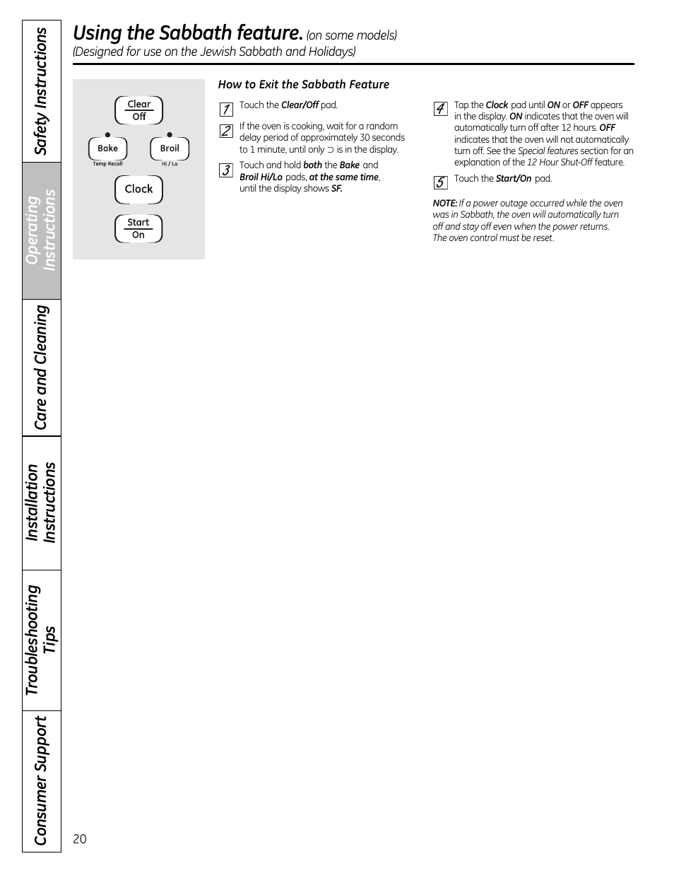 Using the sabbath feature | GE 49-85179 User Manual | Page 20 / 52