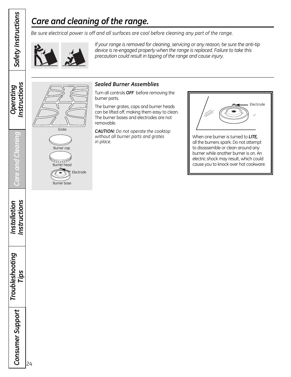 Burner assembly –26 burner grates, Care and cleaning of the range | GE 49-85179 User Manual | Page 24 / 52