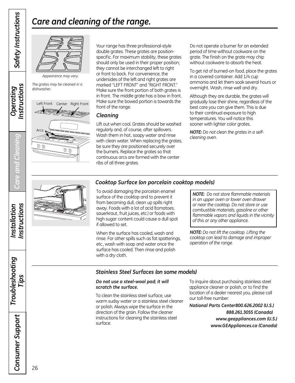 Cooktop surface -28, Stainless steel surfaces, Care and cleaning of the range | GE 49-85179 User Manual | Page 26 / 52