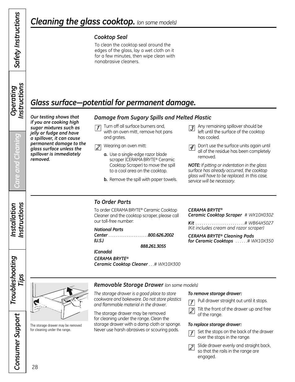 Storage drawer, Cleaning the glass cooktop, Glass surface—potential for permanent damage | GE 49-85179 User Manual | Page 28 / 52
