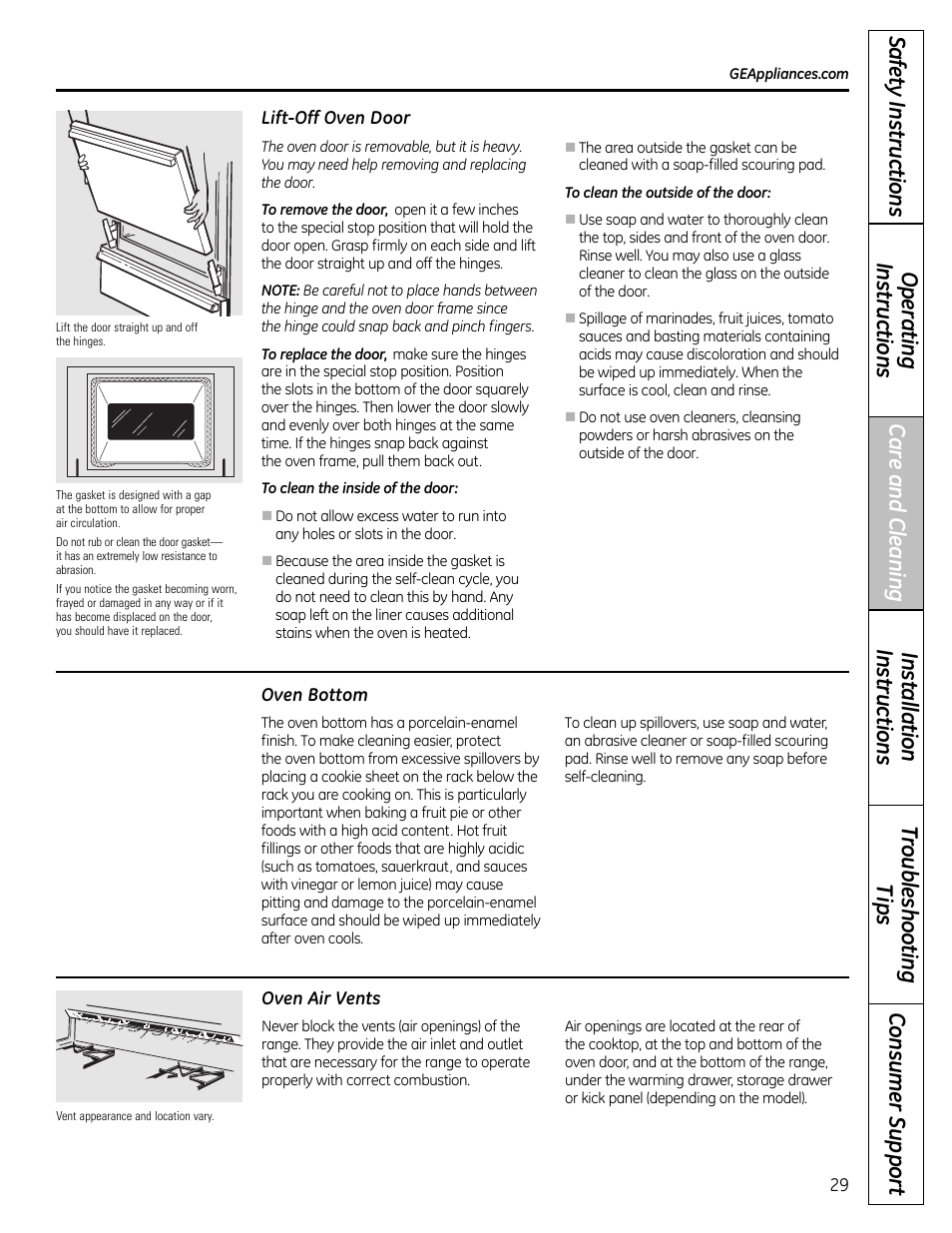 Door removal oven bottom, Oven vents | GE 49-85179 User Manual | Page 29 / 52