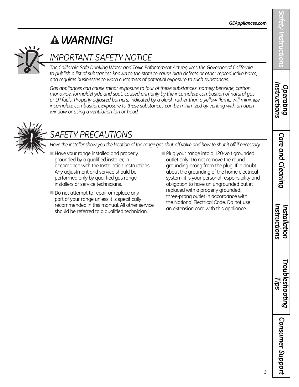 Warning, Safety precautions important safety notice | GE 49-85179 User Manual | Page 3 / 52