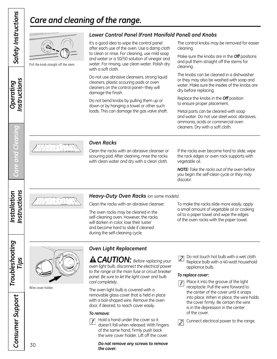 Control panel and knobs, Oven light replacement, Racks | Caution, Care and cleaning of the range | GE 49-85179 User Manual | Page 30 / 52