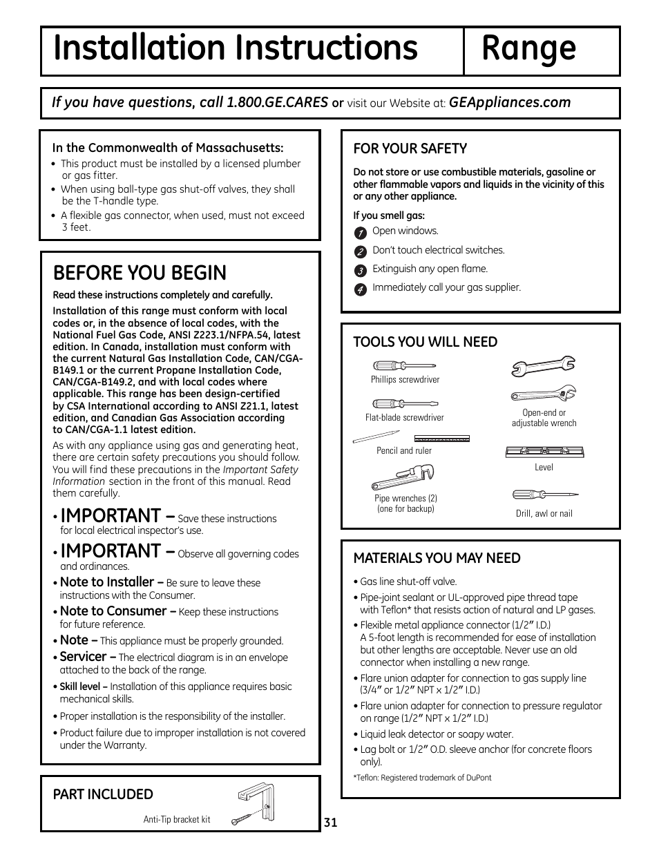 Installation, Instructions, Installation instructions range | Before you begin, Important, If you have questions, call 1.800.ge.cares, For your safety, Tools you will need materials you may need, Part included | GE 49-85179 User Manual | Page 31 / 52