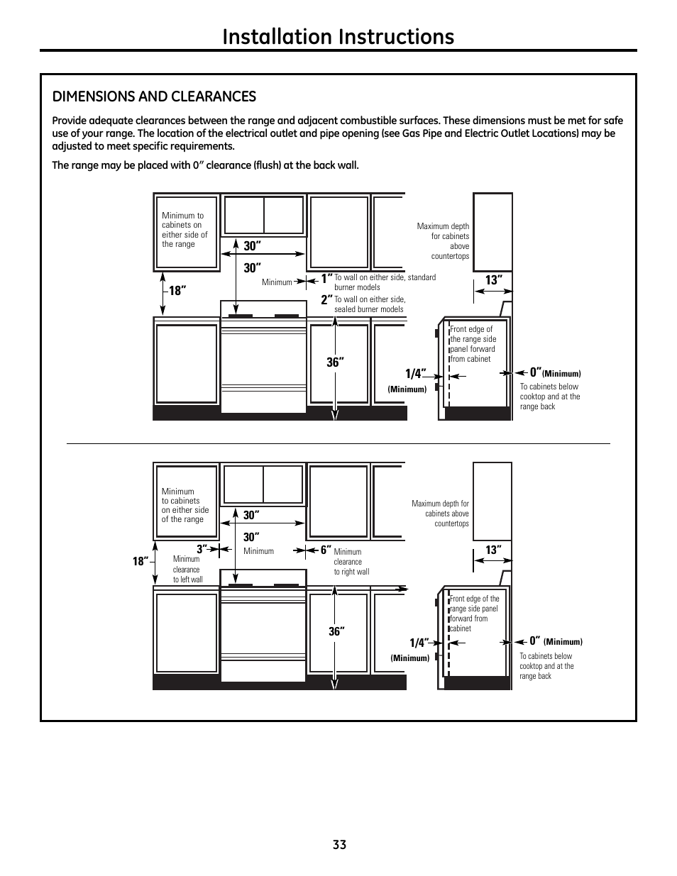 Dimensions and clearances .33,34, Installation instructions, Dimensions and clearances | GE 49-85179 User Manual | Page 33 / 52