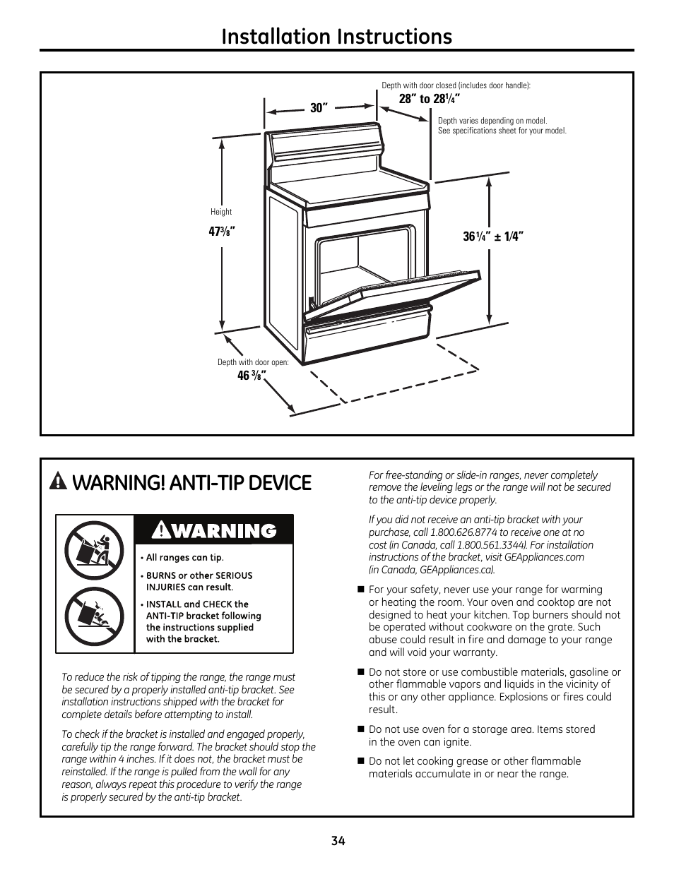 Installation instructions, Warning! anti-tip device | GE 49-85179 User Manual | Page 34 / 52