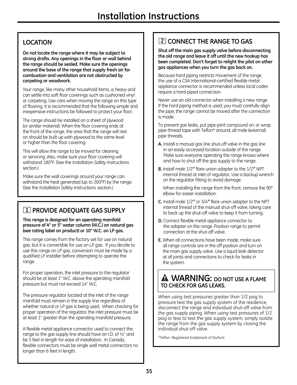 Connecting the range to gas -38, Installation instructions, Warning | Location, Provide adequate gas supply, Connect the range to gas | GE 49-85179 User Manual | Page 35 / 52