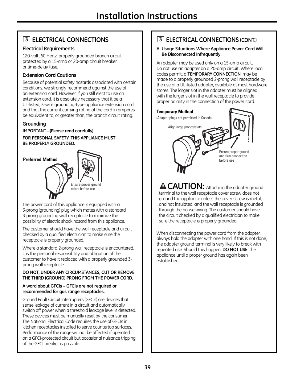 Electrical connections , 40, Installation instructions, Caution | Electrical connections | GE 49-85179 User Manual | Page 39 / 52