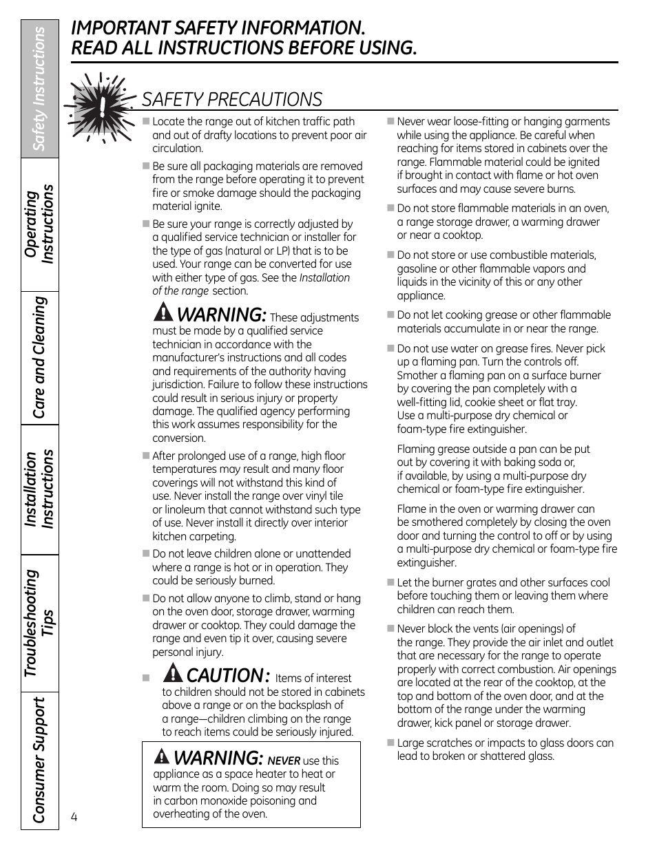 Warning, Caution, Safety precautions | GE 49-85179 User Manual | Page 4 / 52