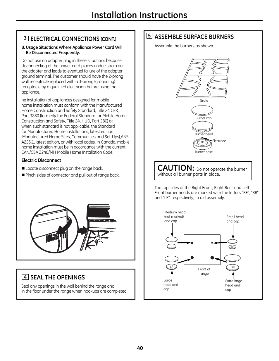 Installation instructions, Caution, Electrical connections | Seal the openings, Assemble surface burners | GE 49-85179 User Manual | Page 40 / 52