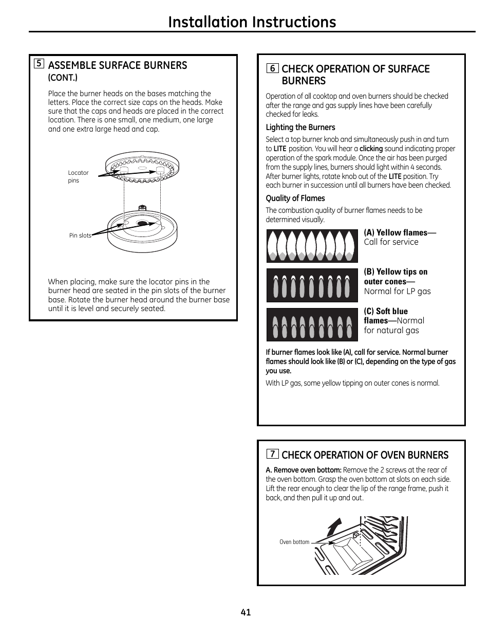 Checking burner ignition ,42, Installation instructions, Check operation of oven burners | Check operation of surface burners, Assemble surface burners | GE 49-85179 User Manual | Page 41 / 52