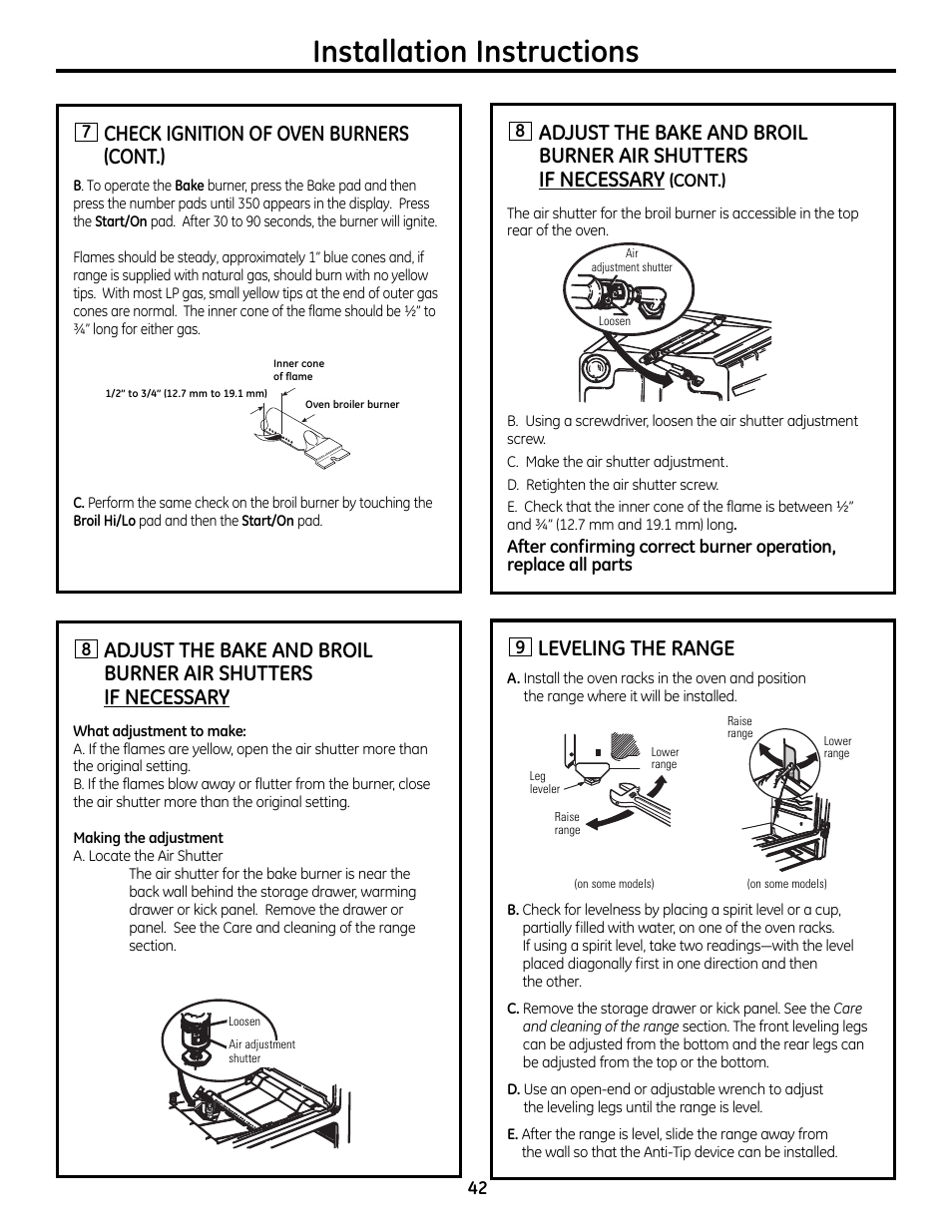 Air adjustment, Leveling the range, Installation instructions | Check ignition of oven burners (cont.) | GE 49-85179 User Manual | Page 42 / 52