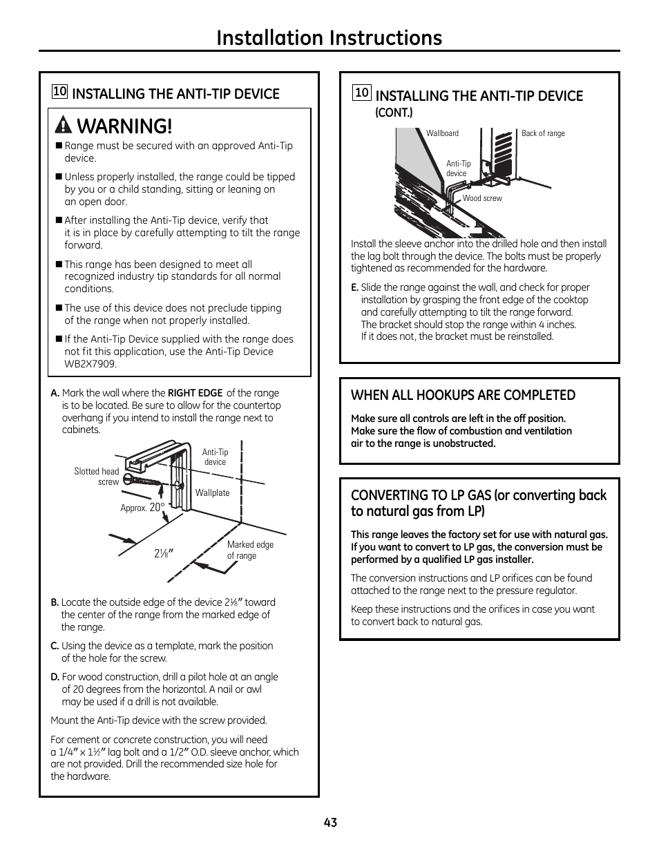 Anti-tip device, Warning, Installation instructions | Installing the anti-tip device, When all hookups are completed | GE 49-85179 User Manual | Page 43 / 52