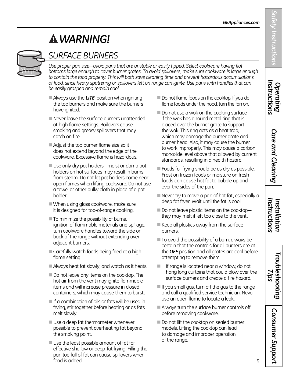 Warning, Surface burners | GE 49-85179 User Manual | Page 5 / 52