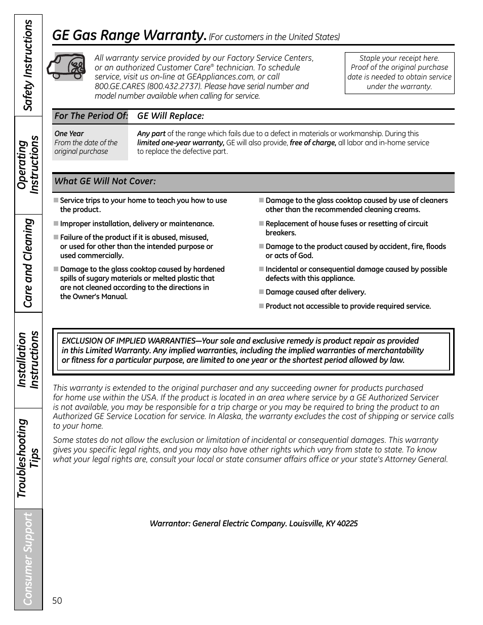 Warranty for customers in the u.s.a, Ge gas range warranty | GE 49-85179 User Manual | Page 50 / 52