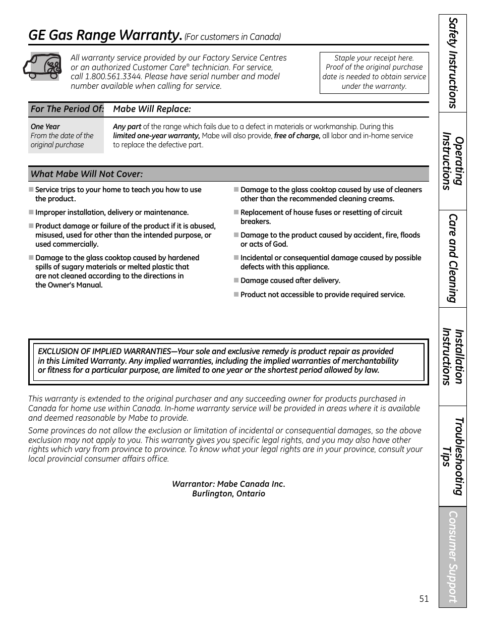 Warranty for customers in canada, Ge gas range warranty | GE 49-85179 User Manual | Page 51 / 52