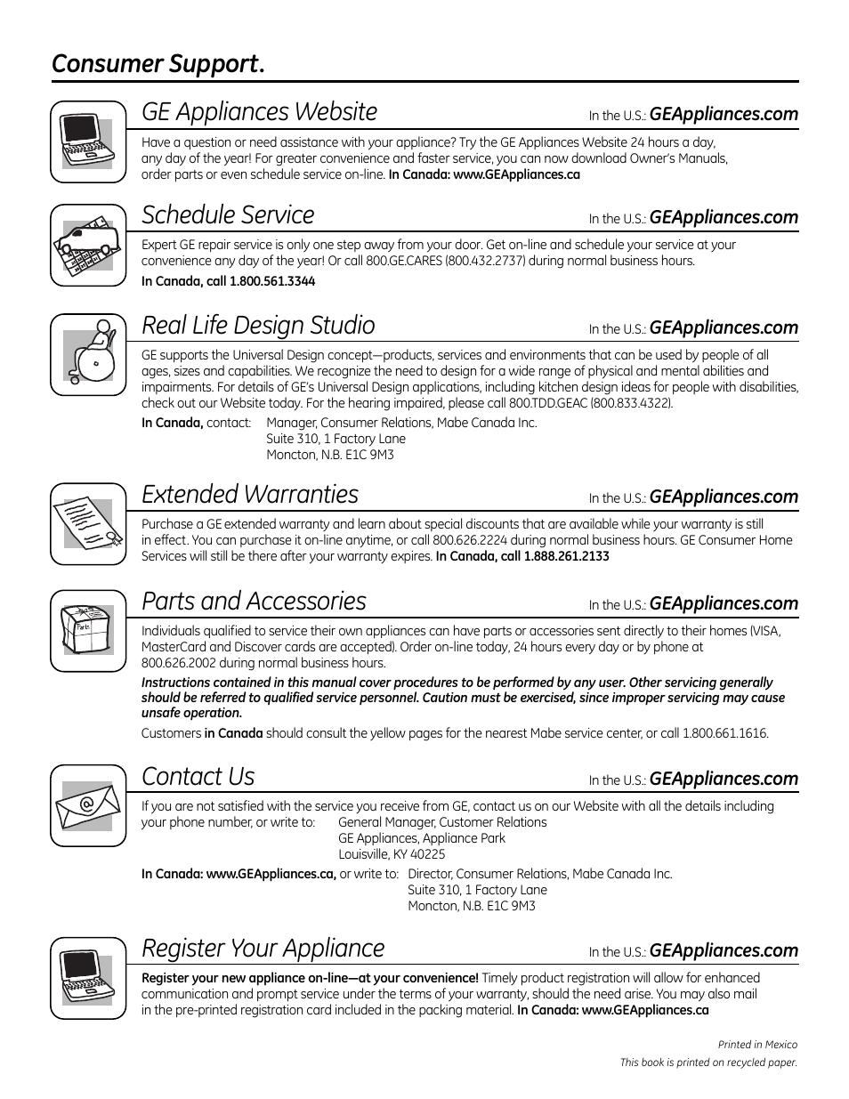 Consumer support. ge appliances website, Schedule service, Real life design studio | Extended warranties, Parts and accessories, Contact us, Register your appliance | GE 49-85179 User Manual | Page 52 / 52