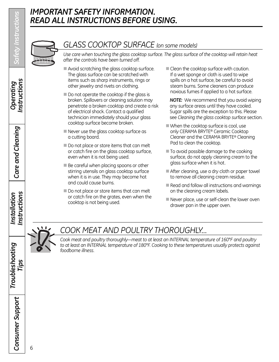 Cook meat and poultry thoroughly, Glass cooktop surface | GE 49-85179 User Manual | Page 6 / 52