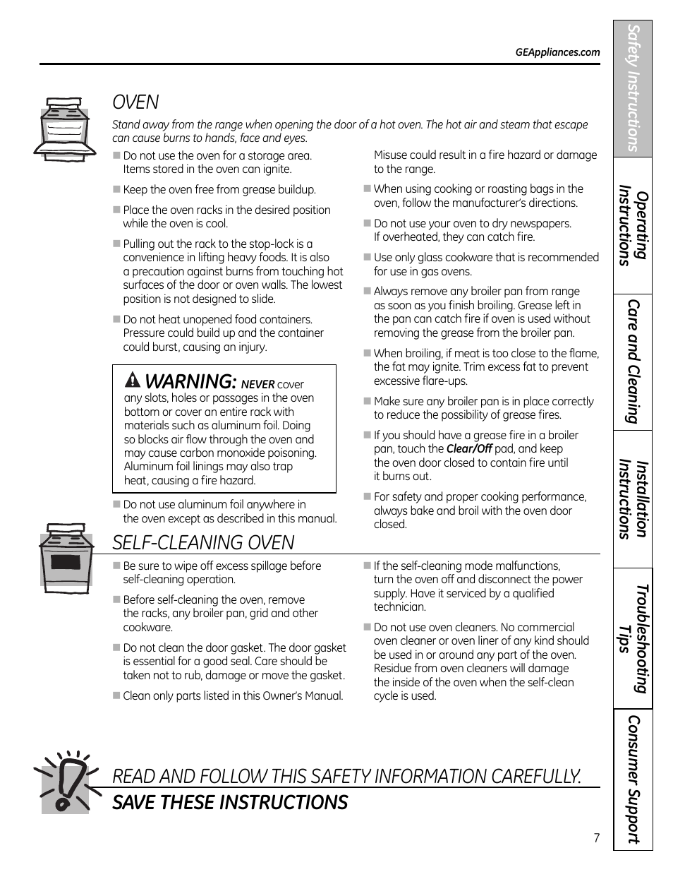 Oven, Self-cleaning oven, Warning | GE 49-85179 User Manual | Page 7 / 52