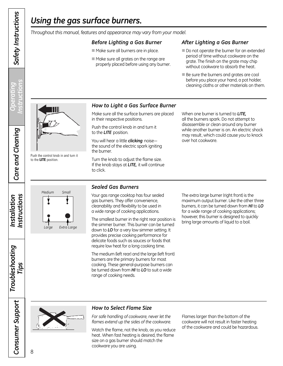 Operating instructions, Surface cooking , 9, Using the gas surface burners | GE 49-85179 User Manual | Page 8 / 52