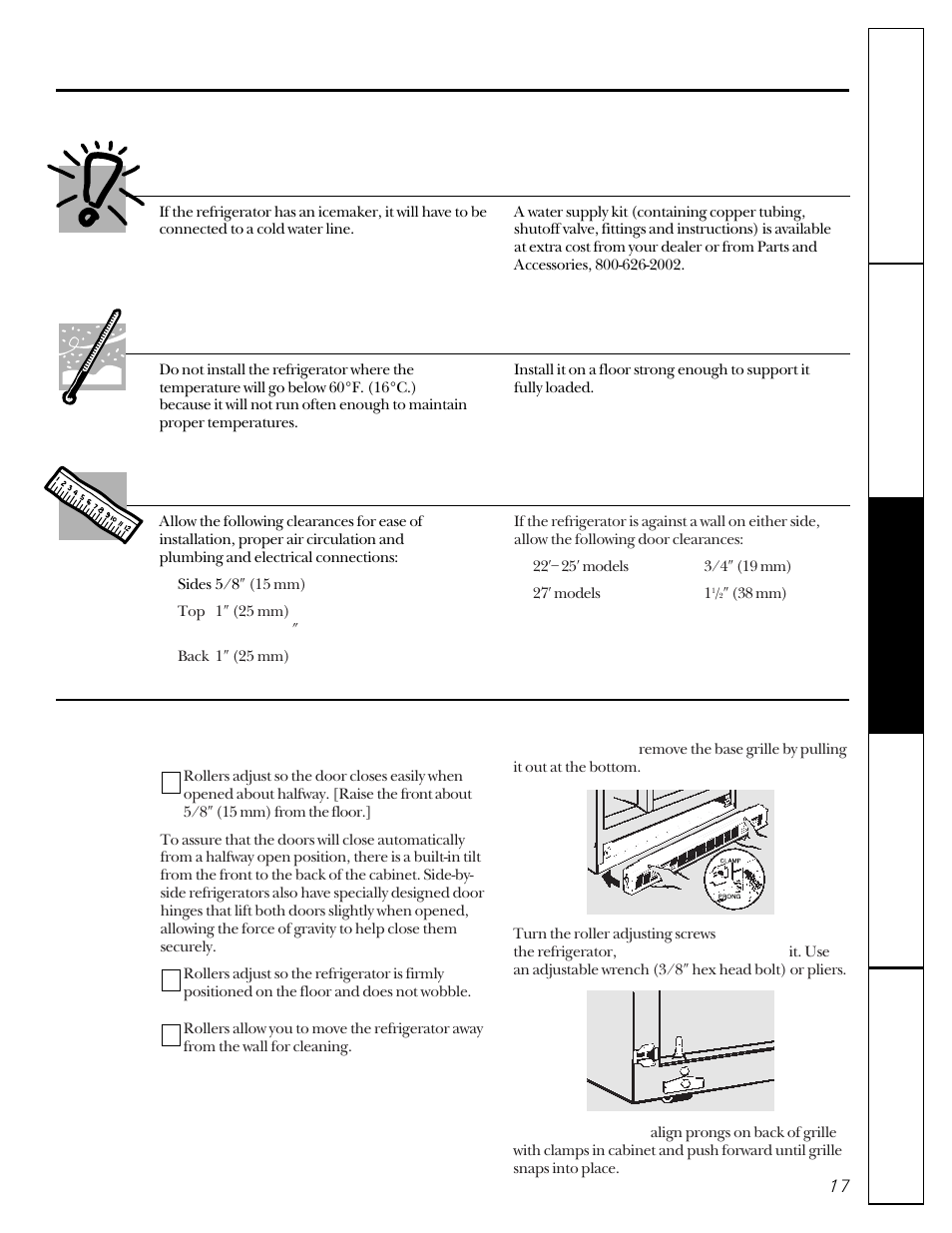 Preparing to install the refrigerator, Refrigerator location, Clearances | Water supply to the icemaker | GE 22-27 User Manual | Page 17 / 88