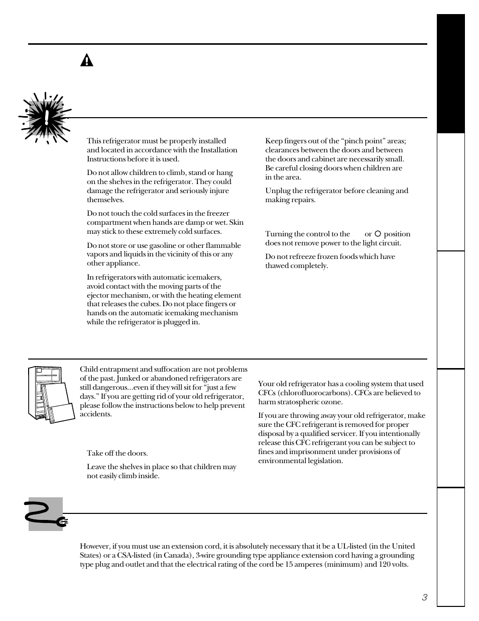 Safety precautions, Use of extension cords, Safety precautions use of extension cords | Warning, Important: proper disposal of the refrigerator | GE 22-27 User Manual | Page 3 / 88