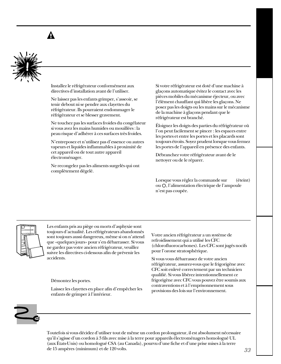 Avertissement, Mesures de sécurité, Cordons prolongateurs | GE 22-27 User Manual | Page 33 / 88