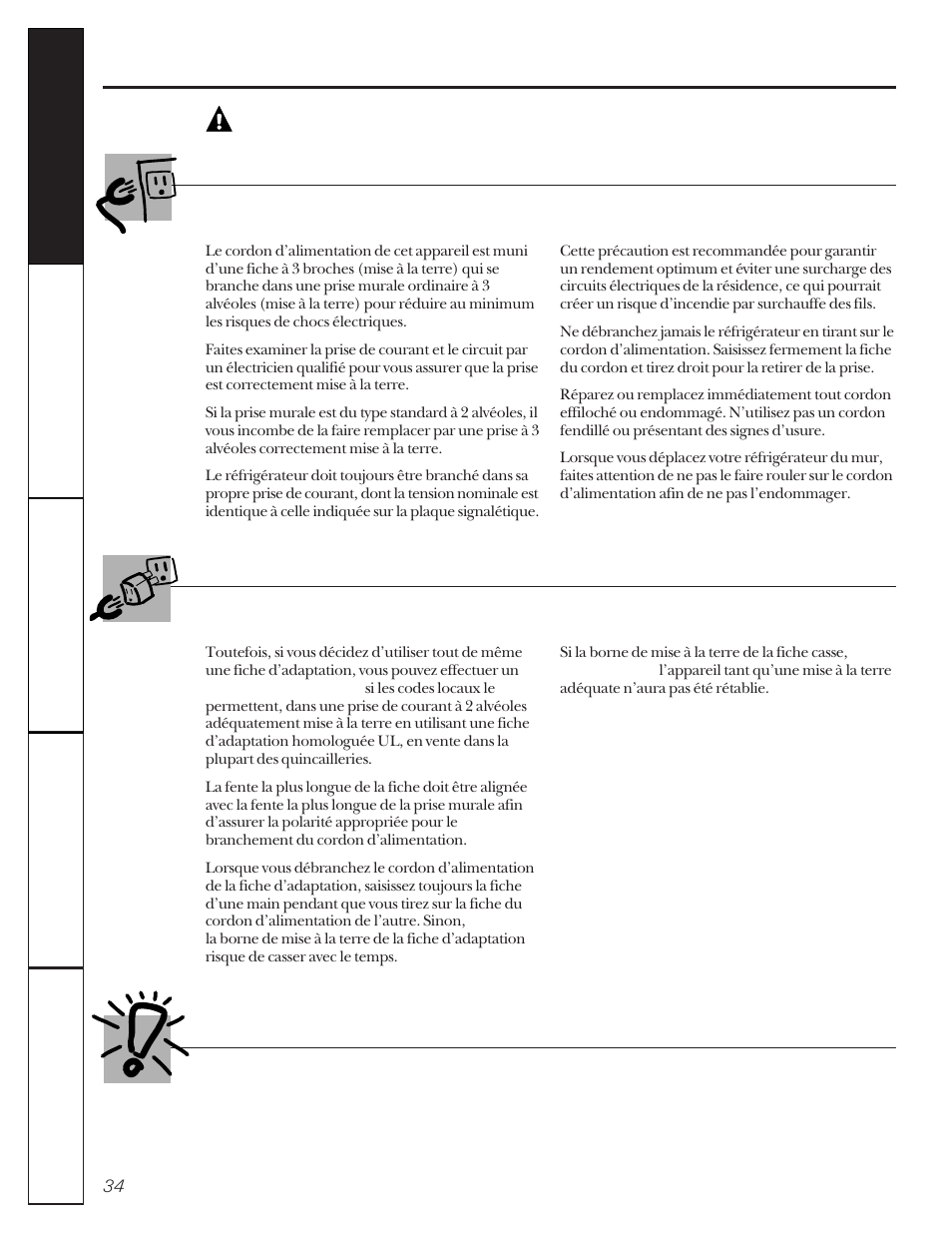 Avertissement, Raccordement électrique, Fiche d’adaptation | GE 22-27 User Manual | Page 34 / 88