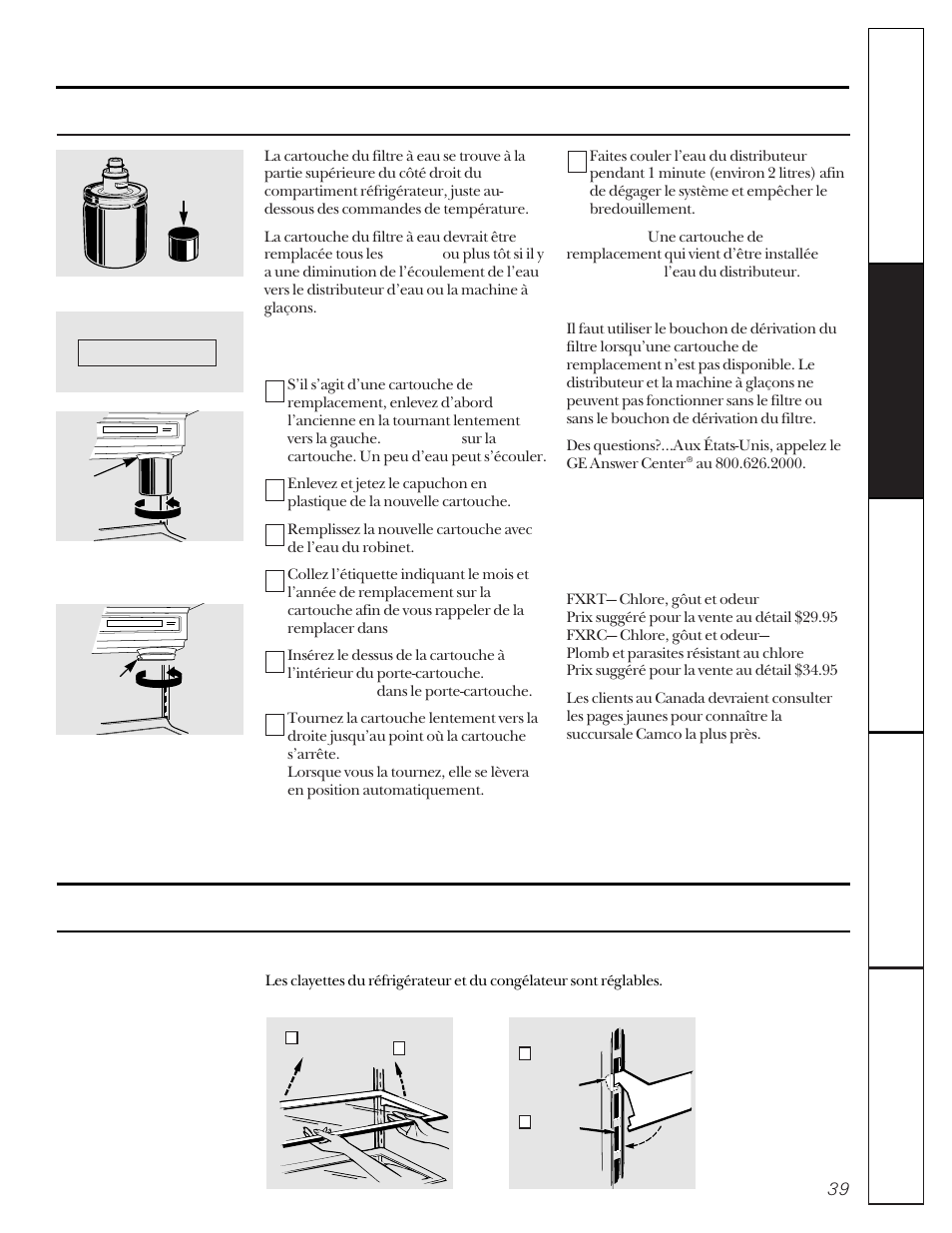 Les clayettes et les récipients du réfrigerateur, La cartouche du filtre à eau | GE 22-27 User Manual | Page 39 / 88